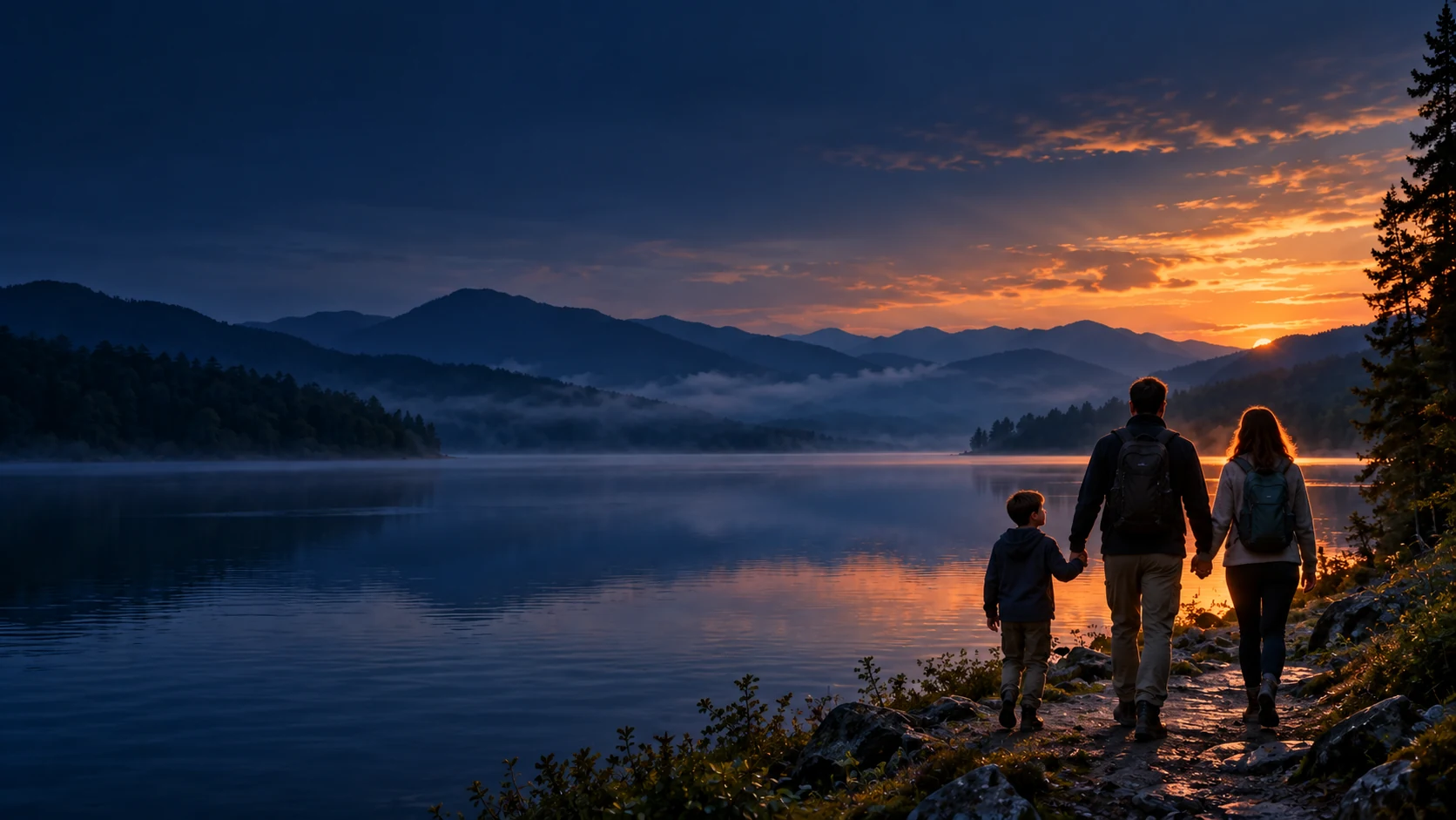 A family holding hands as they walk beside a lake at sunset