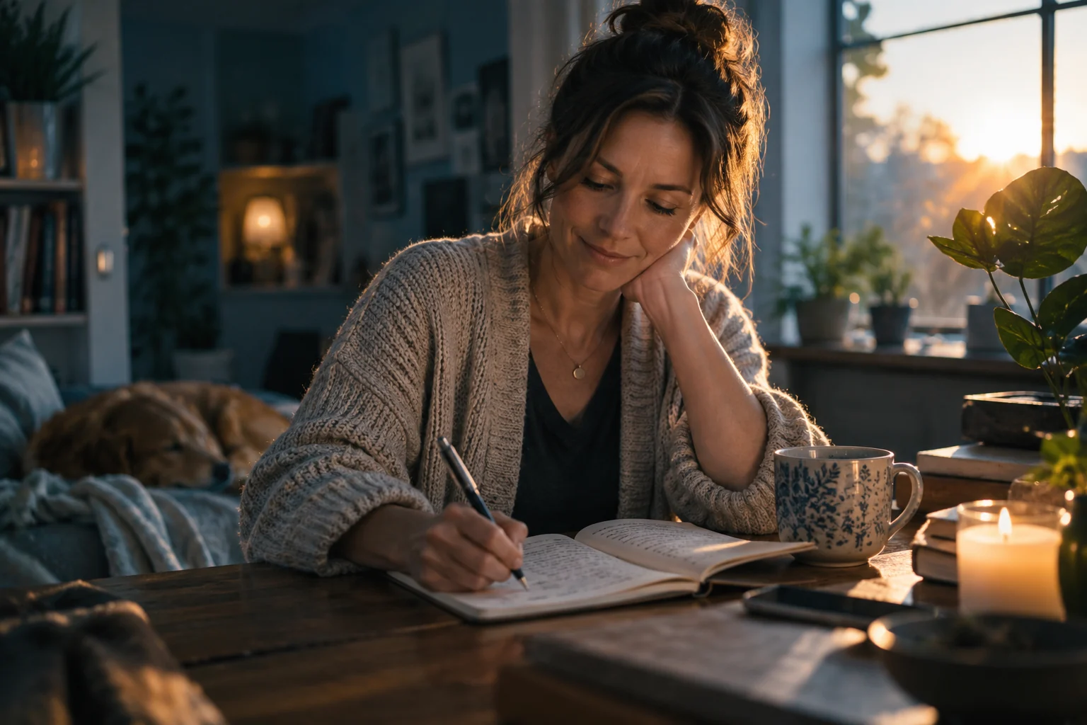 A woman makes time to journal at her desk in the early morning.