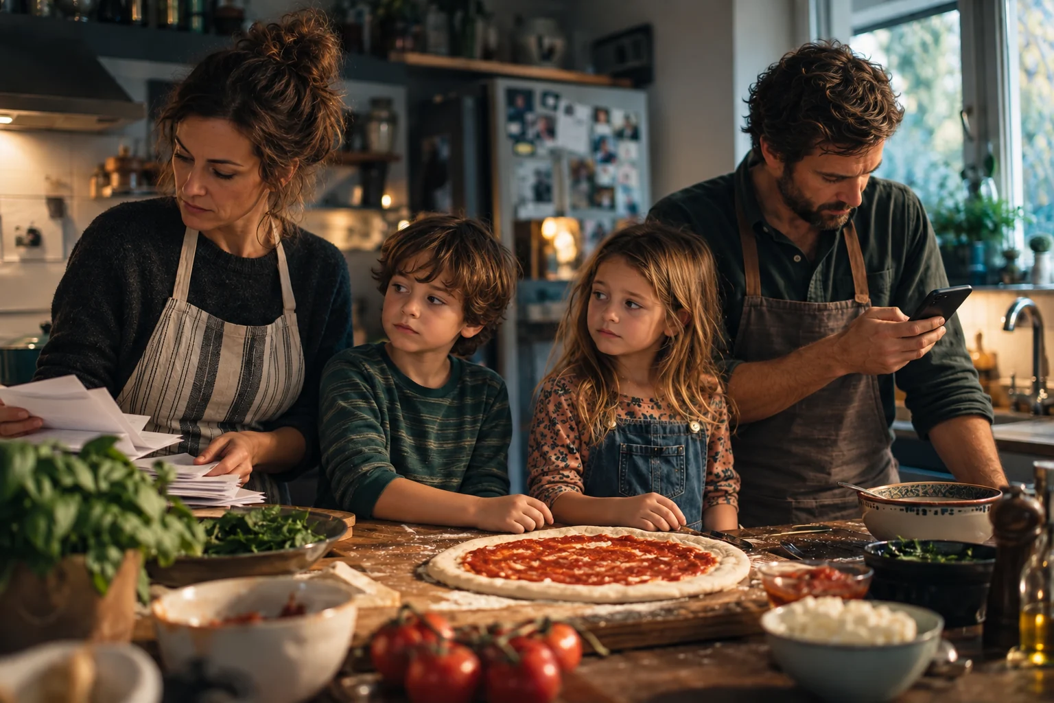 Before: the family is in the kitchen, with attention divided between paperwork, a phone, and meal preparation.