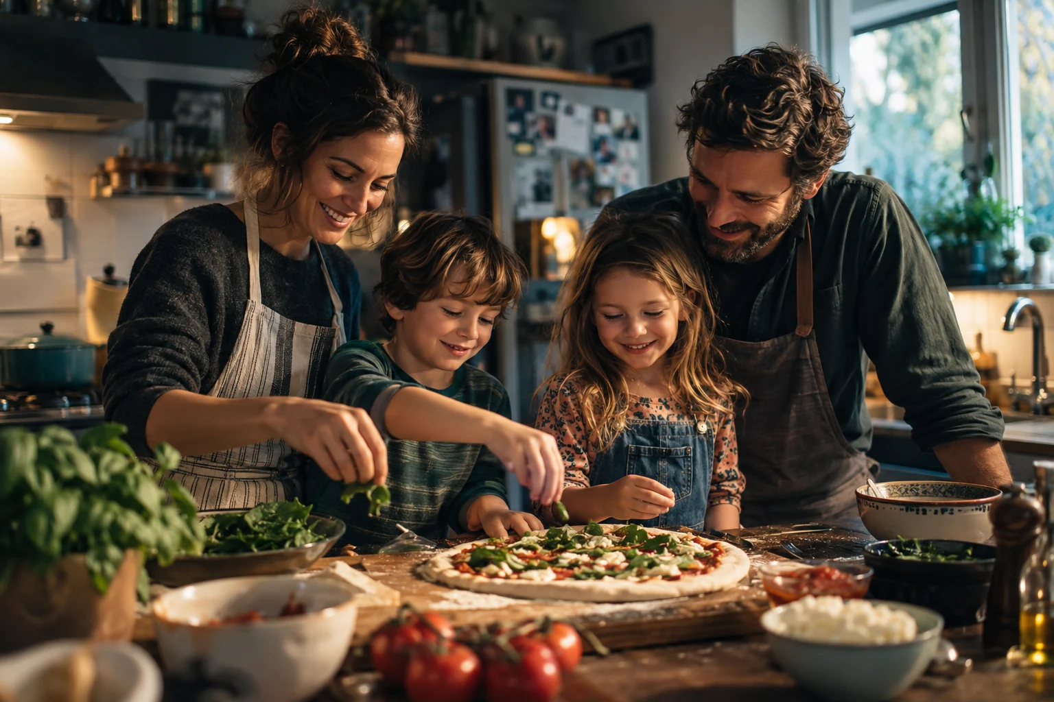 Parents and children prepare a meal together in their kitchen.