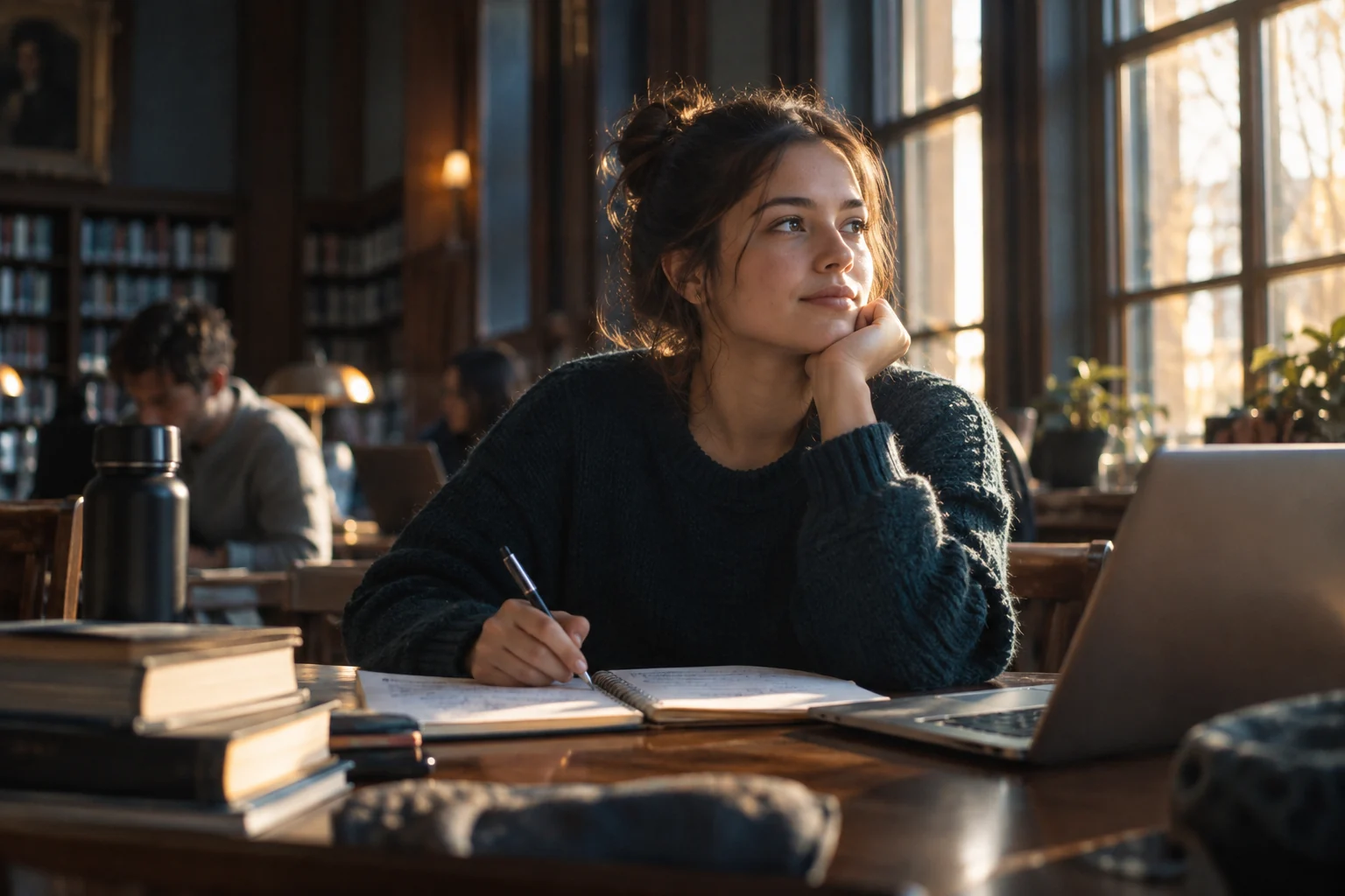 A student pauses over coursework at a sunlit library desk.