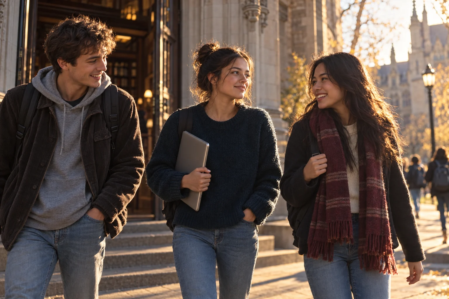 A student leaves the library with friends, carrying a closed laptop